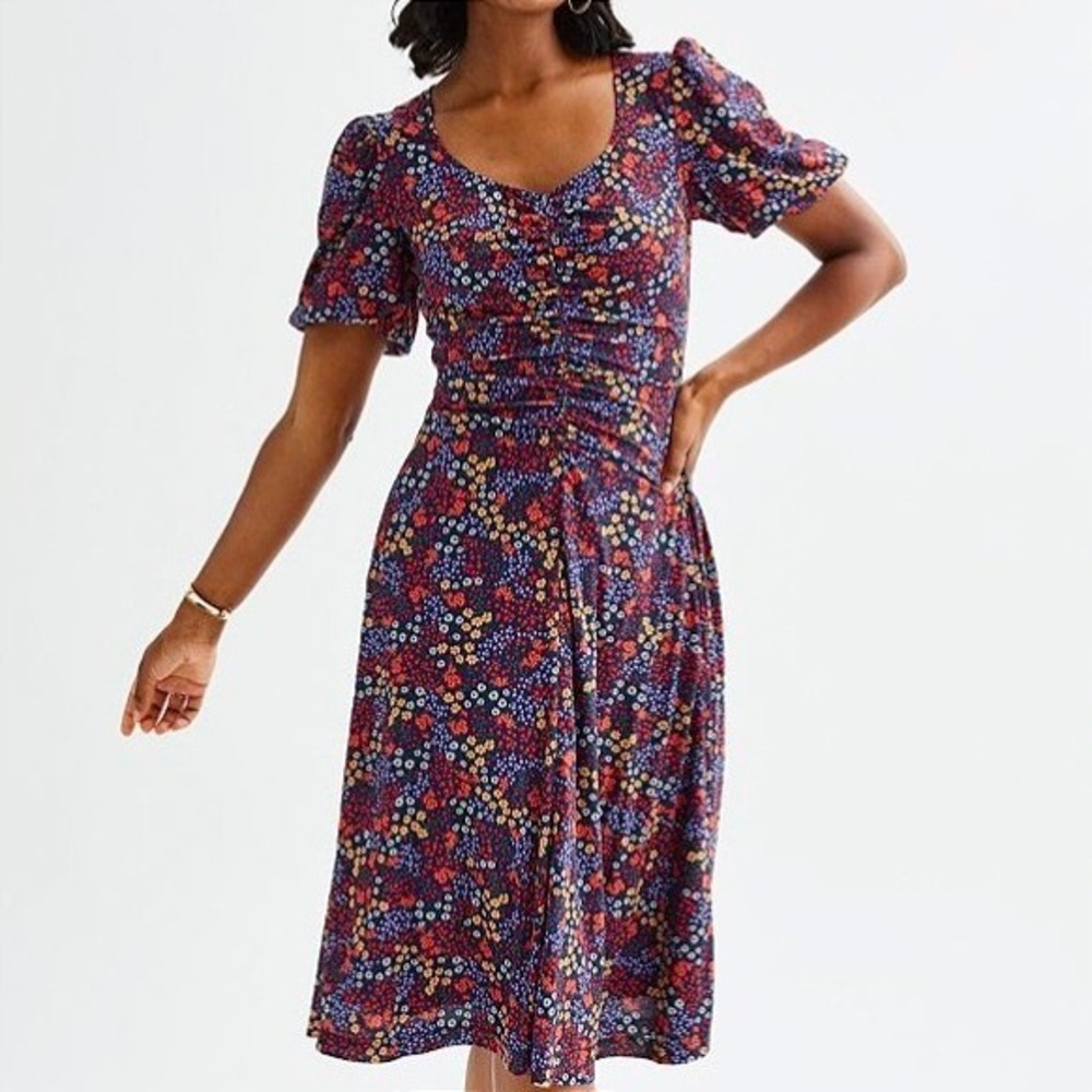 Draper James Womens XL Floral Ruched Midi Dress Navy Blue Ditsy Flutter Sleeve